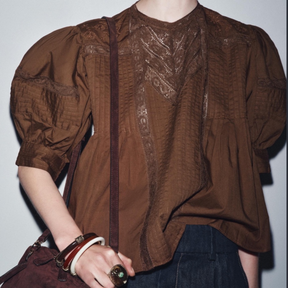 Zara Brown Lace-Trim Puff Sleeve Blouse